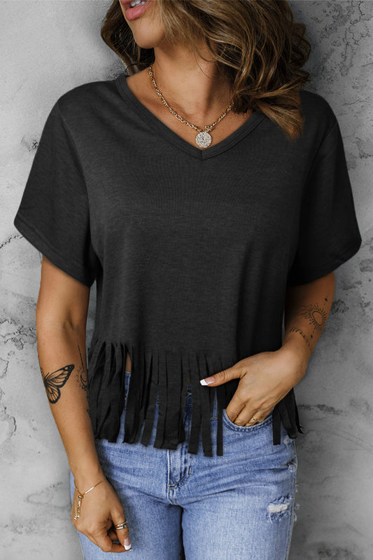 V-Neck Fringe Hem T-Shirt-Jewearrings