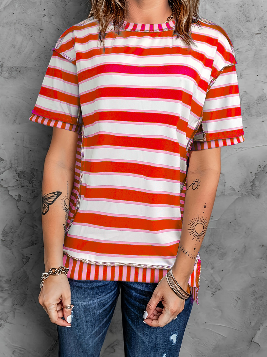 Full Size Contrast Stitching Striped Round Neck T-Shirt-Jewearrings