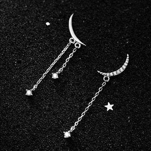 S925 Silver Moon Tassel With Diamonds Korean Asymmetric Earrings-Jewearrings