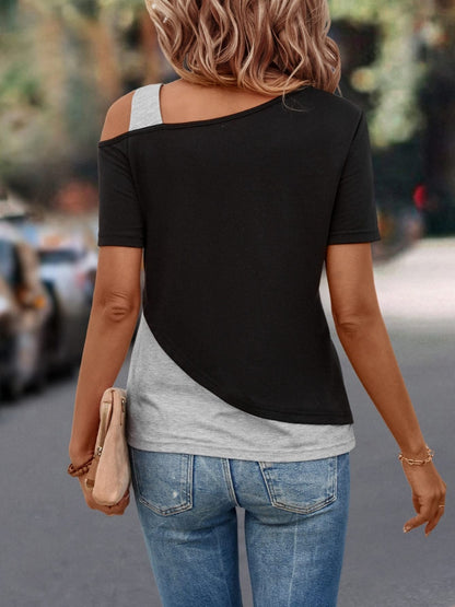 Contrast Asymmetrical Neck Short Sleeve T-Shirt-Jewearrings