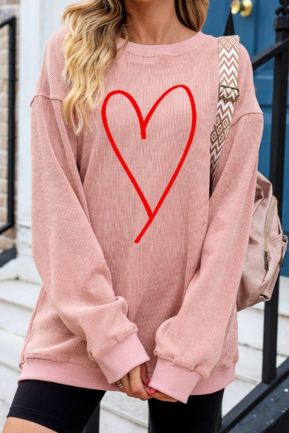 Heart Round Neck Dropped Shoulder Sweatshirt-Jewearrings