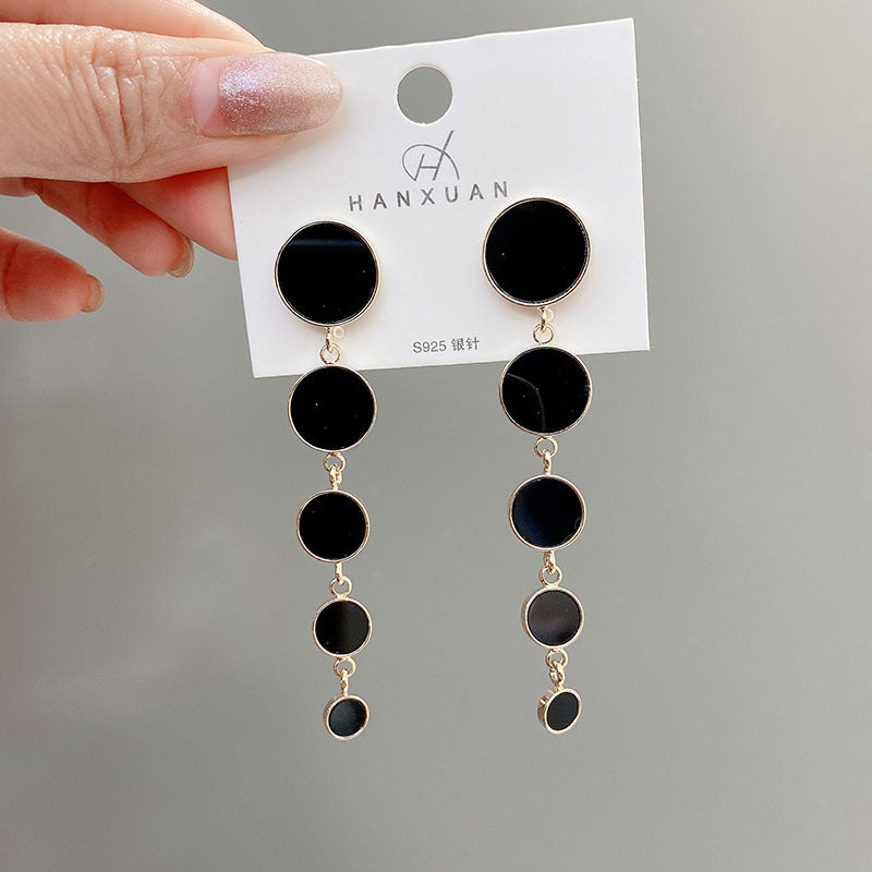 Silver Needle All-match Black Circle Tassel Earrings-Jewearrings