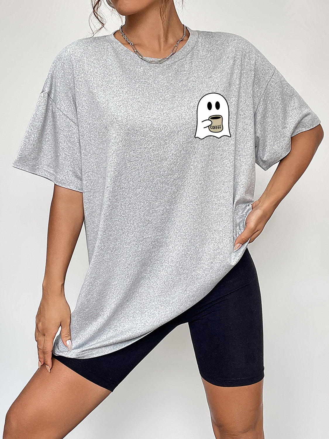 Round Neck Short Sleeve Ghost Graphic T-Shirt-Jewearrings