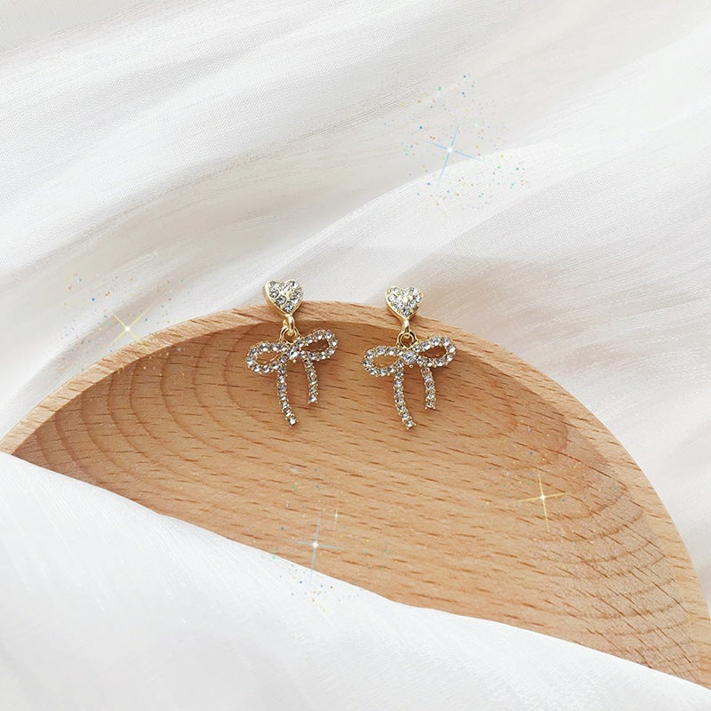 Women's Silver Needle Full Rhinestone Bow Earrings-Jewearrings