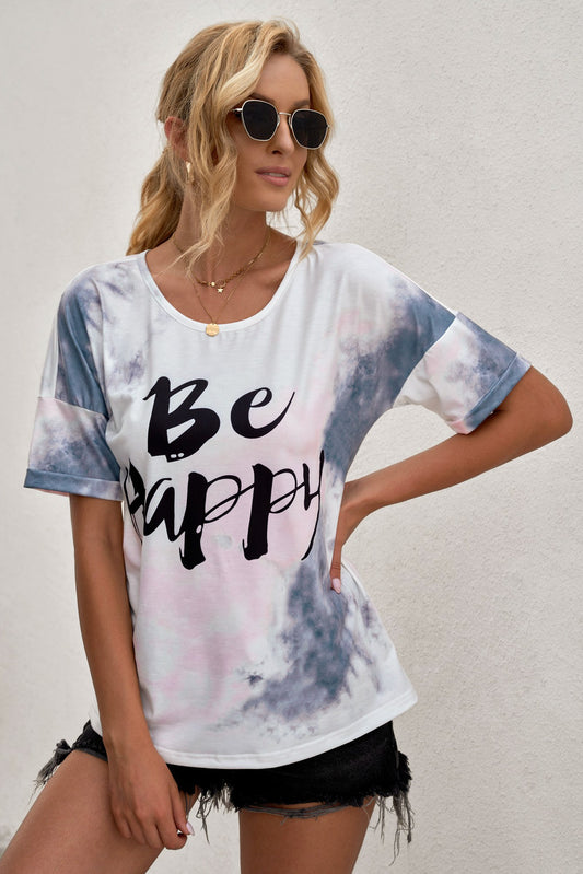 BE HAPPY Graphic Round Neck Tee-Jewearrings