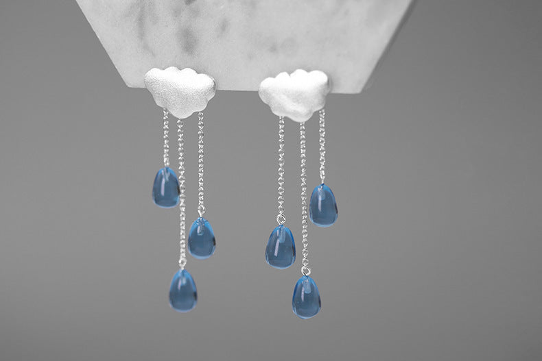 Cloud Raindrop Sterling Silver Imitation Crystal Women's Tassel Fairy Earrings-Jewearrings