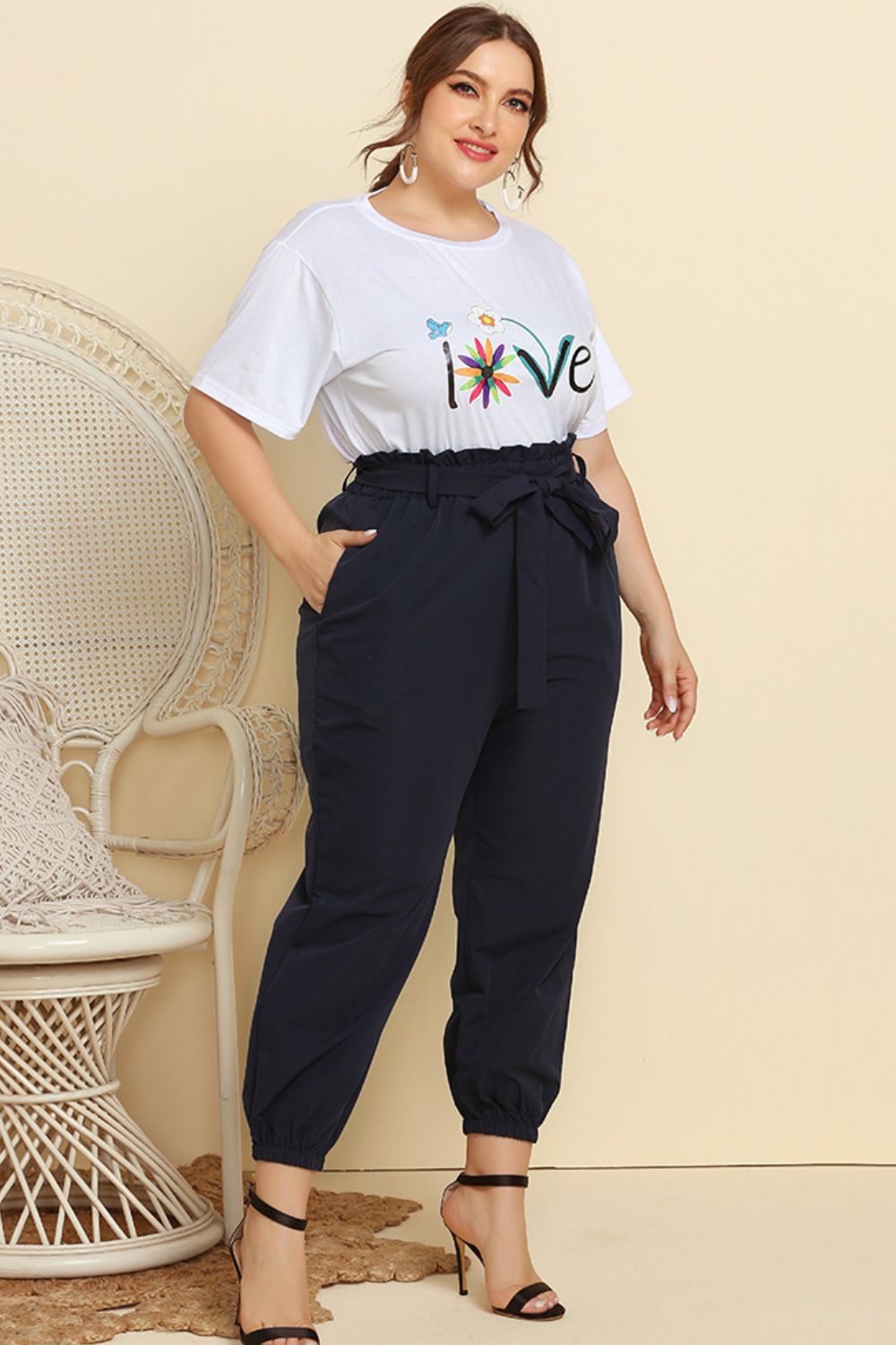 Graphic Tee and Belted Paperbag Joggers Set-Jewearrings