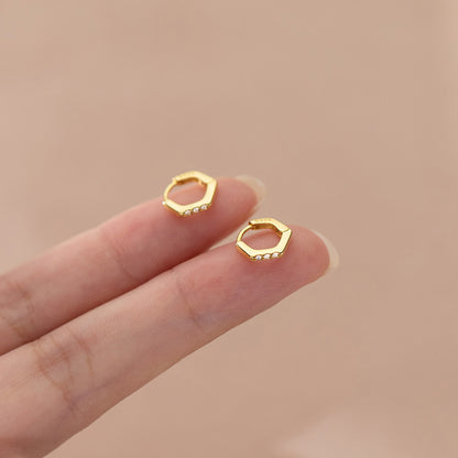 S925 Silver Hexagonal Ear Bone Hoop Row Drill Earrings Women-Jewearrings