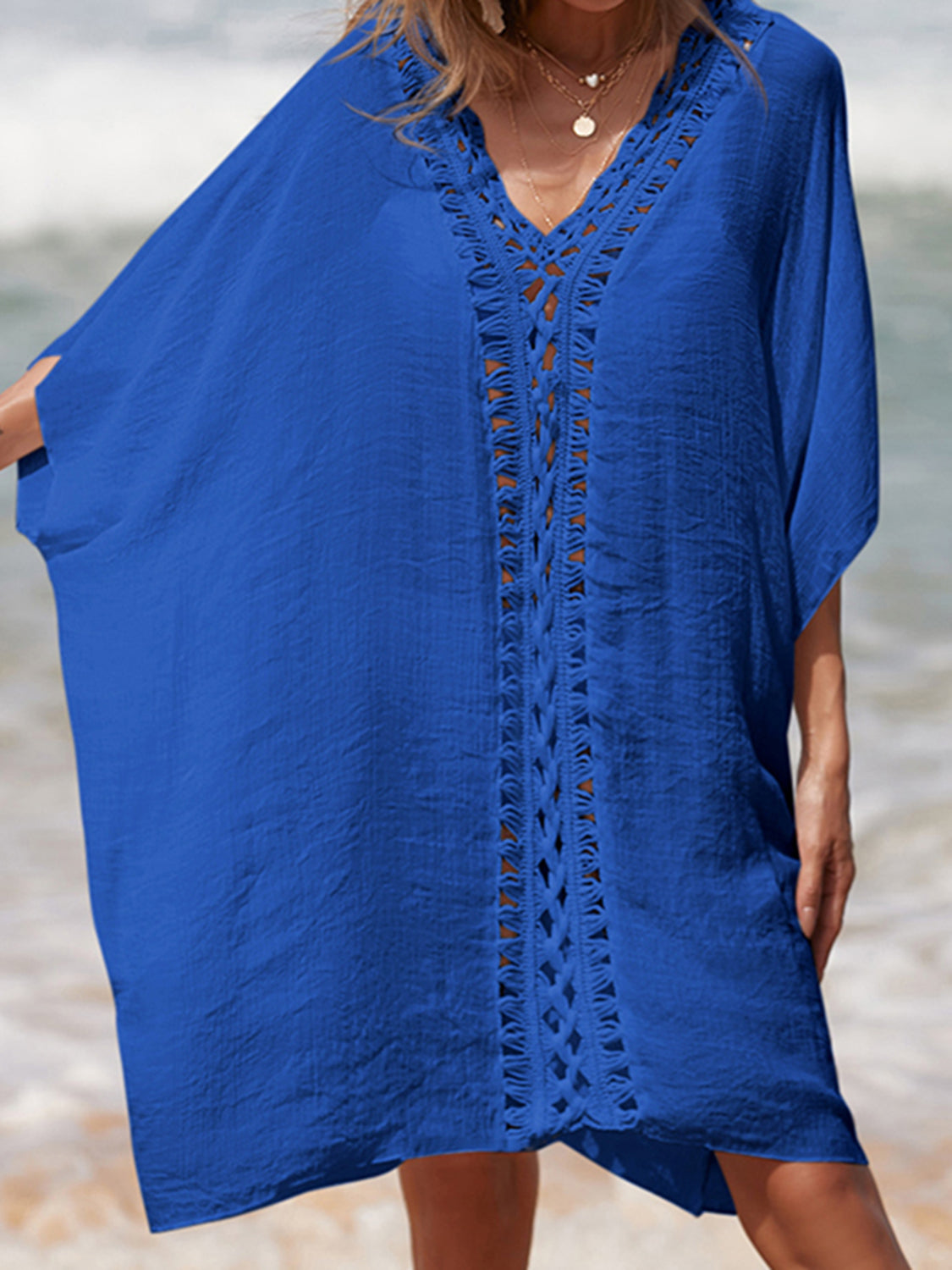 Cutout V-Neck Three-Quarter Sleeve Cover Up-Jewearrings