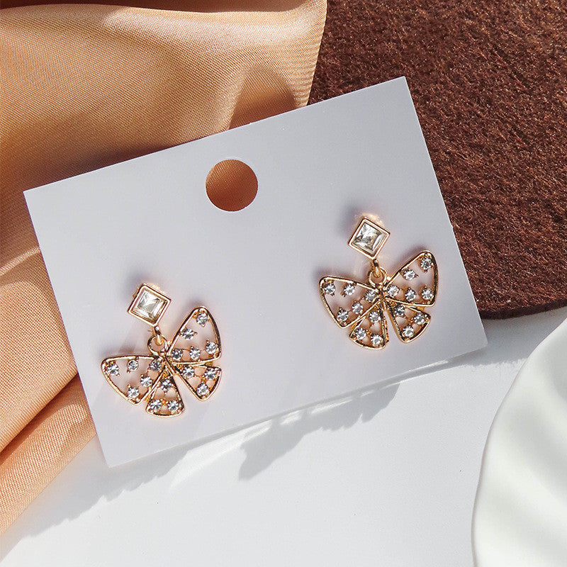 Silver Needle Korea Dongdaemun Rhinestone Butterfly Stud Earrings-Jewearrings