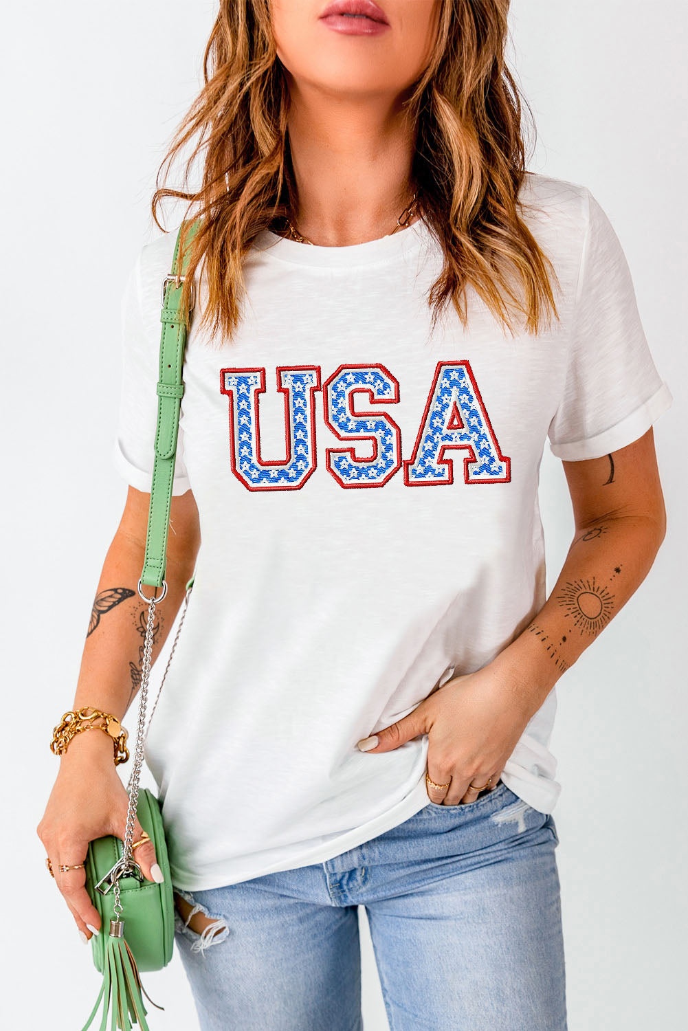 USA Graphic Embroidered Round Neck T-Shirt-Jewearrings