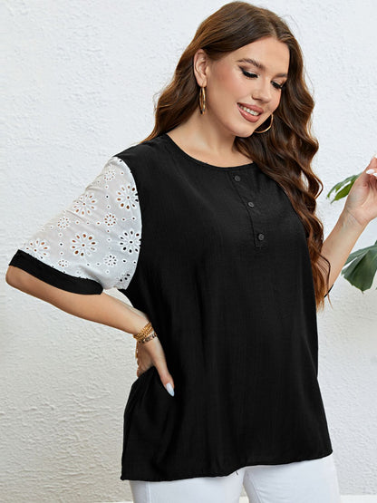 Plus Size Contrast Decorative Button Half Sleeve Top-Jewearrings