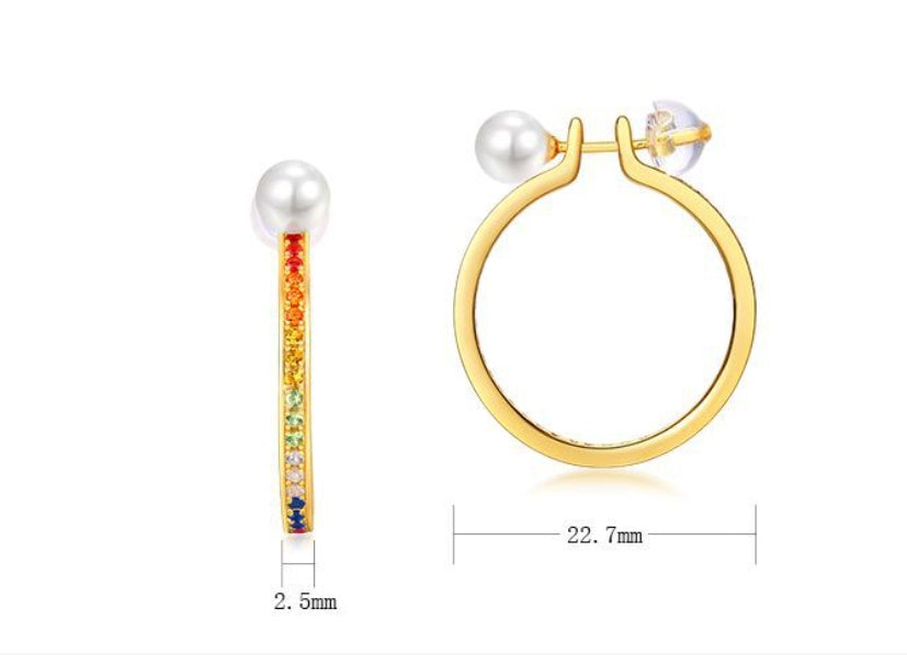 New S925 Silver Pearl Round Ring Earrings Full Inlaid Color Zirconium-Jewearrings