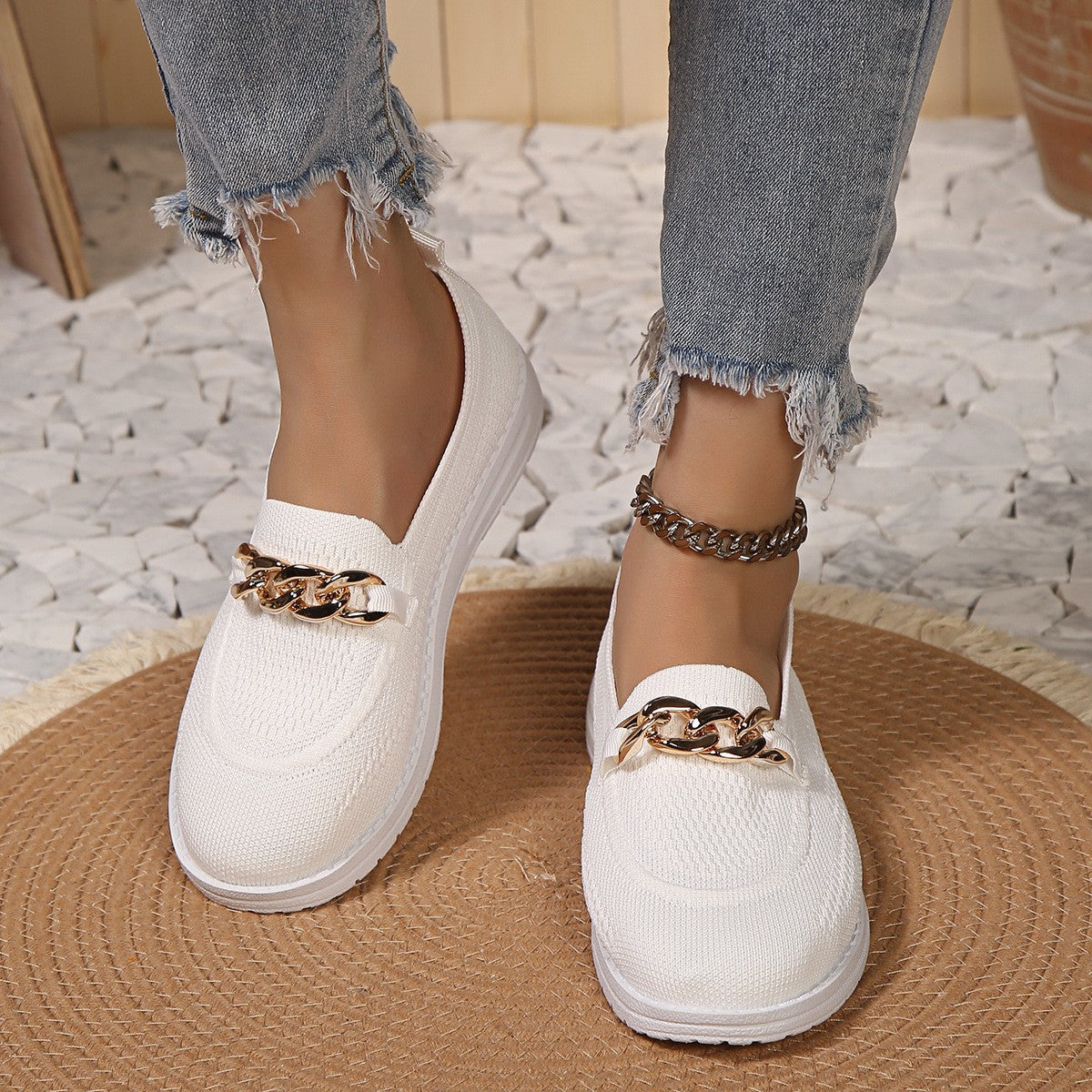 Chain Trim Round Toe Slip-Ons-Jewearrings