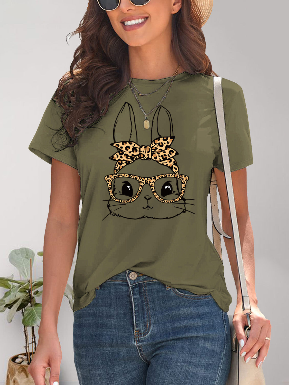 Rabbit Graphic Round Neck Short Sleeve T-Shirt-Jewearrings