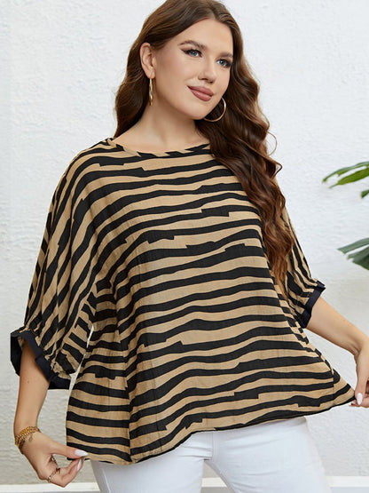 Plus Size Striped Three-Quarter Sleeve Boat Neck Top-Jewearrings