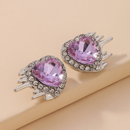 925 Silver Needle Personality Purple Crystal Rhinestone Love Stud Earrings-Jewearrings