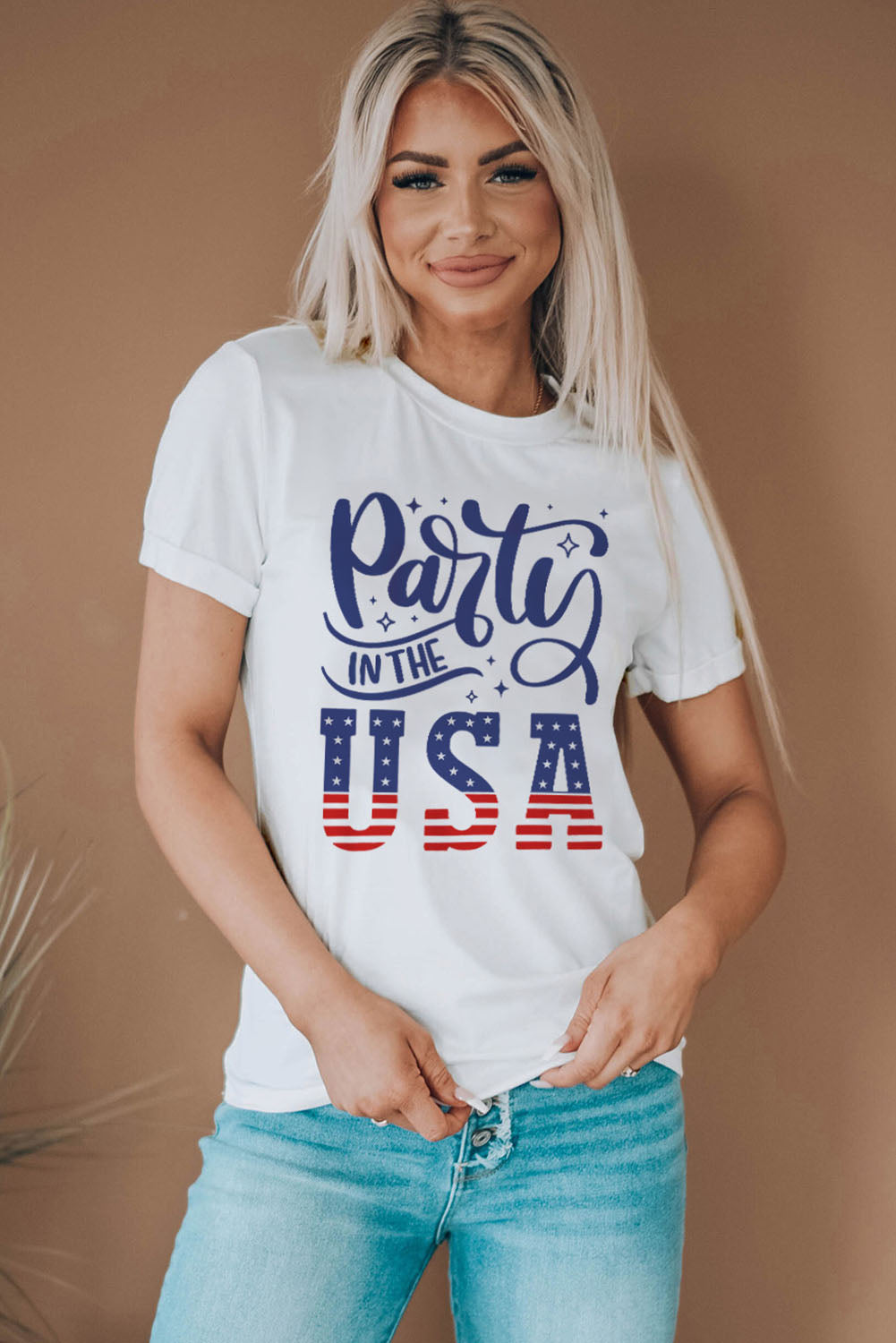 PARTY IN THE USA Round Neck Cuffed Tee-Jewearrings