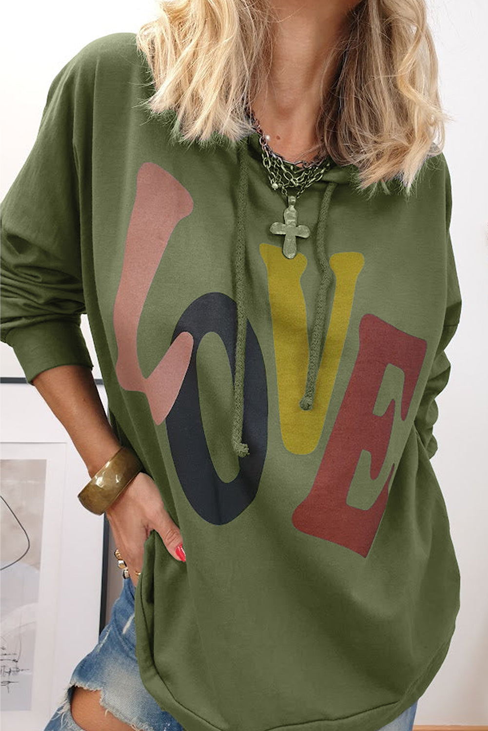 LOVE Drawstring Dropped Shoulder Hoodie-Jewearrings