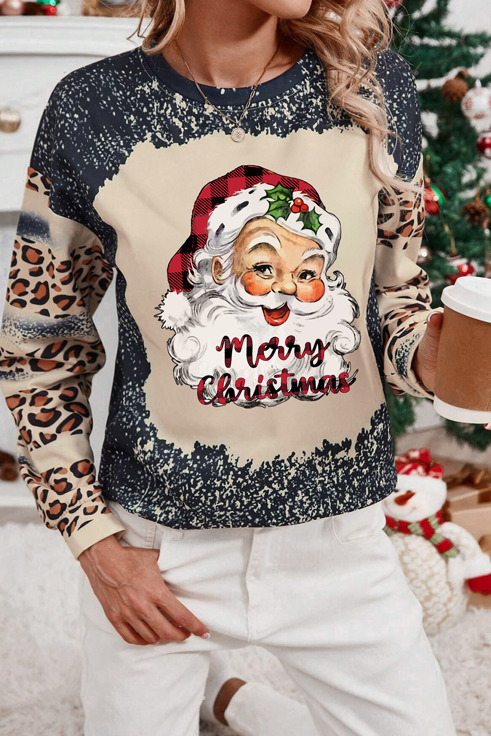 Santa Graphic Leopard Dropped Shoulder Sweatshirt-Jewearrings