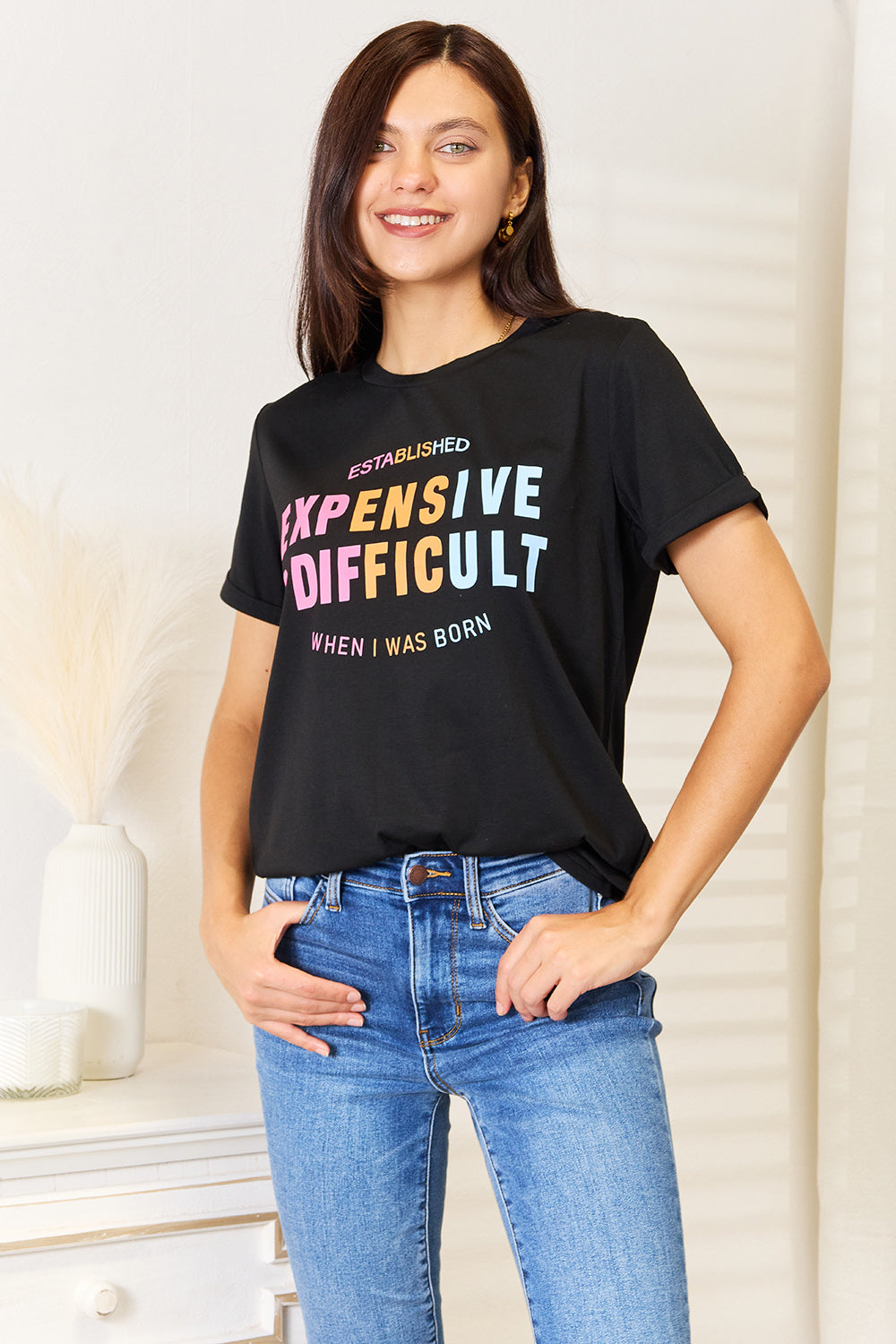 Simply Love Slogan Graphic Cuffed Sleeve T-Shirt-Jewearrings