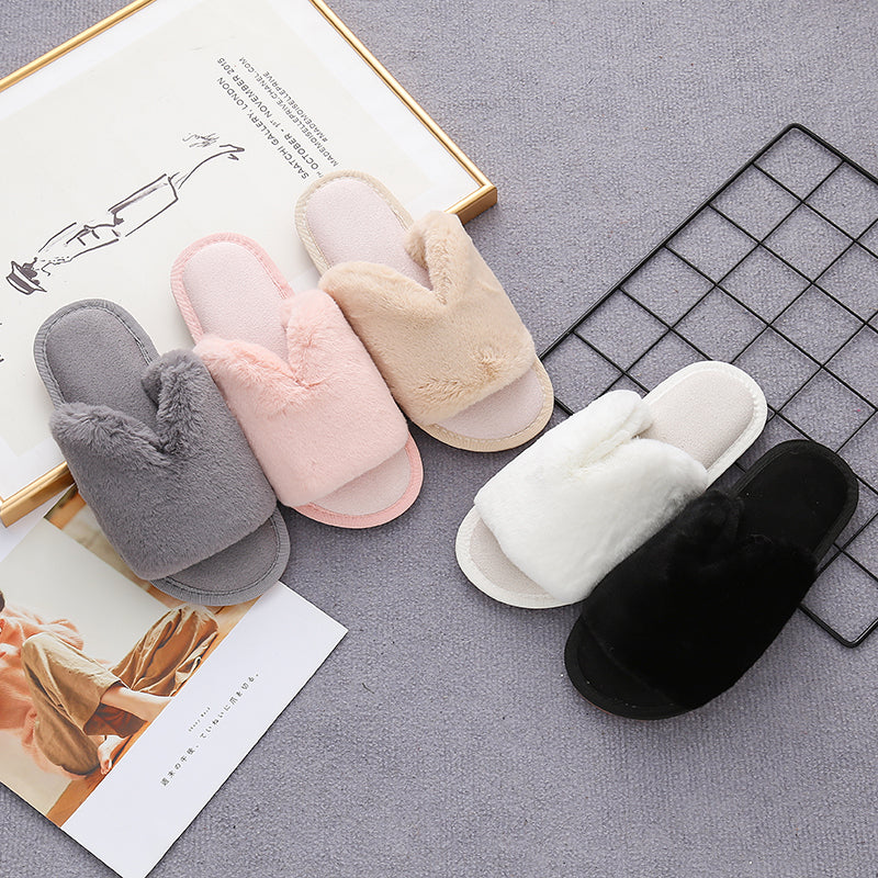 Faux Fur Open Toe Slippers-Jewearrings