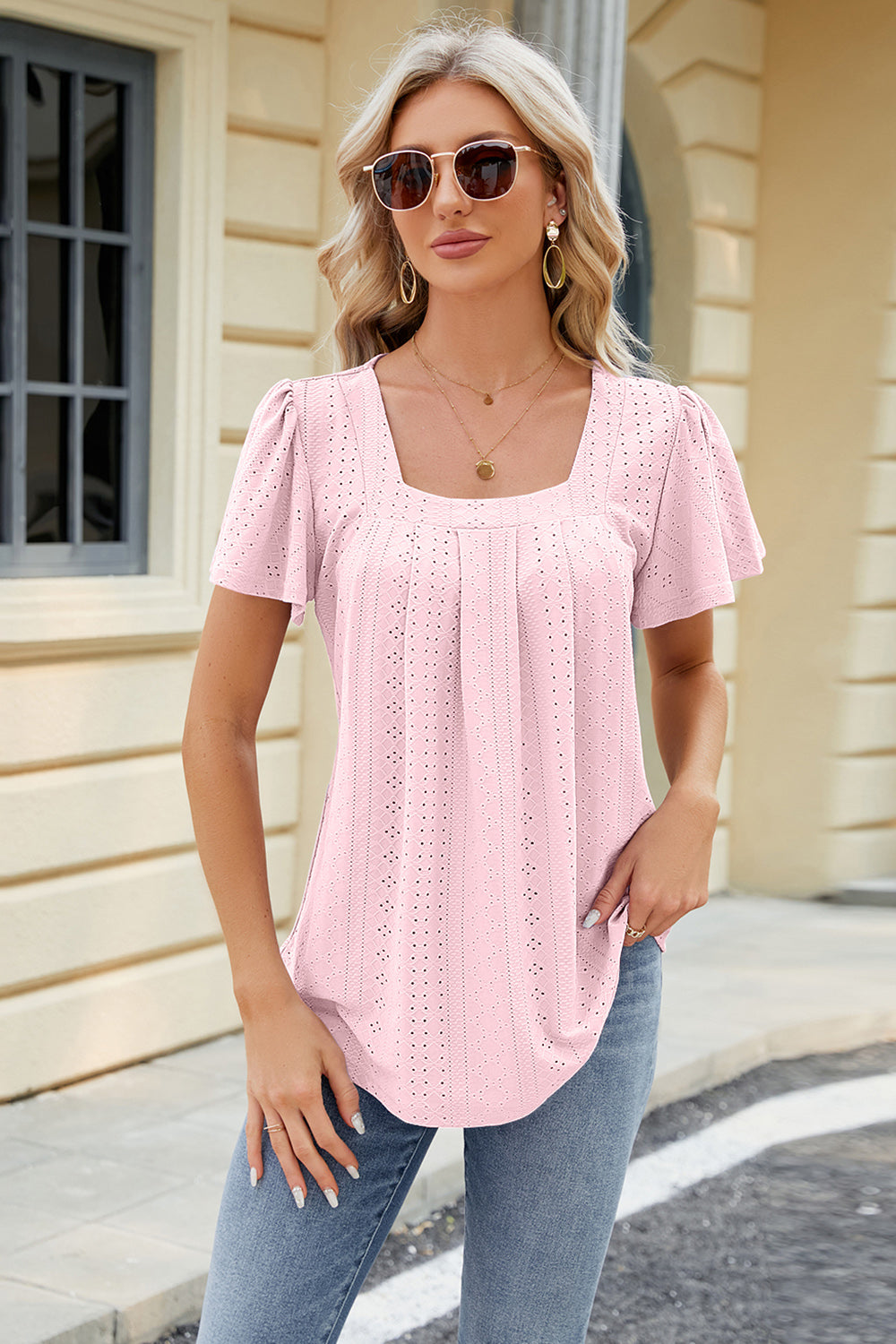 Eyelet Square Neck Short Sleeve T-Shirt-Jewearrings