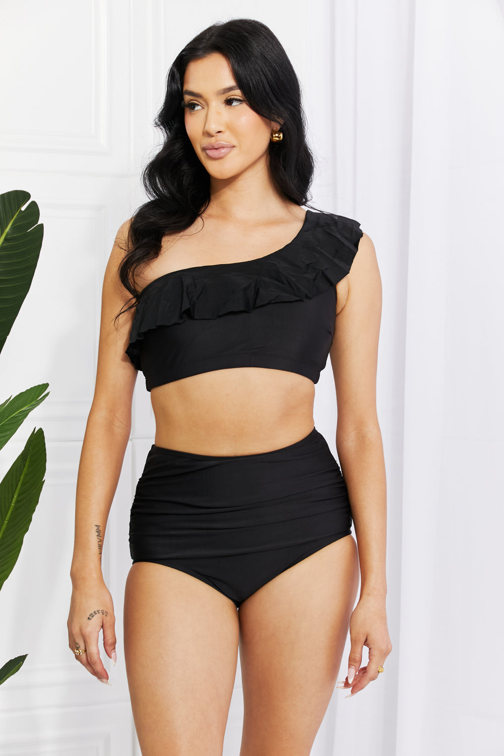 Marina West Swim Seaside Romance Ruffle One-Shoulder Bikini in Black-Jewearrings