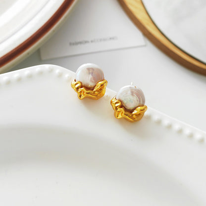 S925 Silver Post Copper Gold Plated Vintage Pearl Stud Earrings-Jewearrings