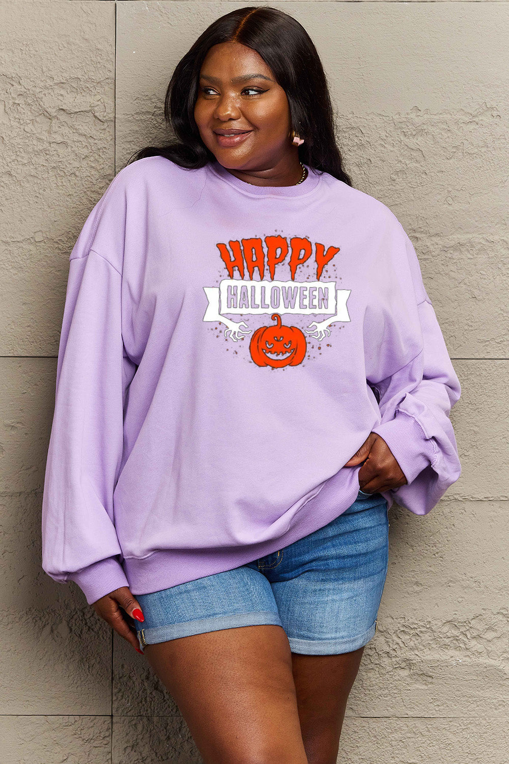 Simply Love Full Size HAPPY HALLOWEEN Graphic Sweatshirt-Jewearrings