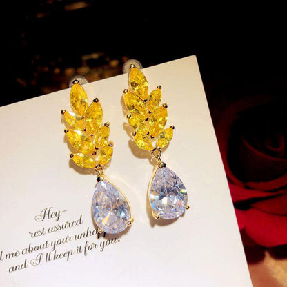 Vintage Golden Wheat Ear Drop Zircon Earrings Silver Needle-Jewearrings