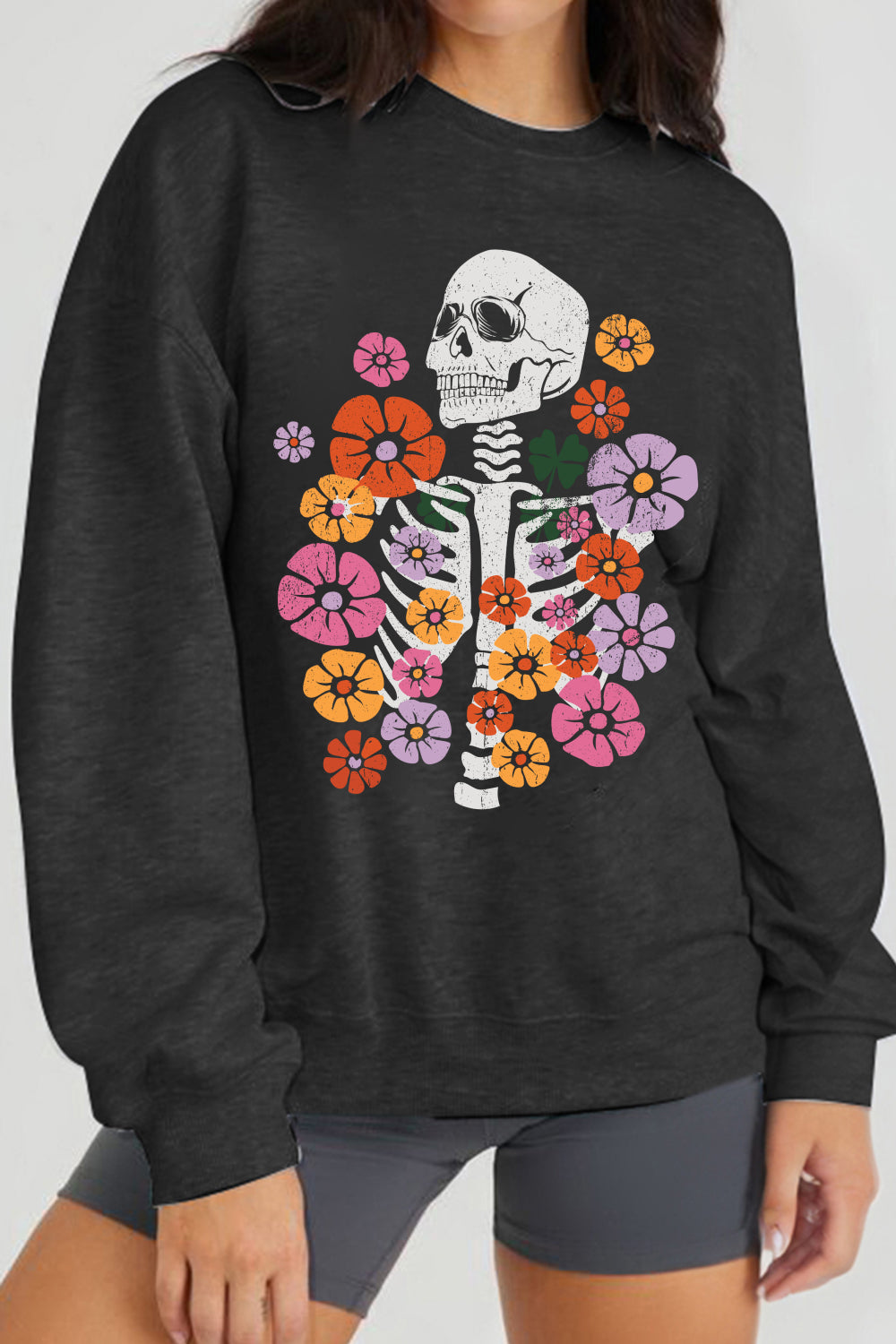 Simply Love Simply Love Full Size Flower Skeleton Graphic Sweatshirt-Jewearrings