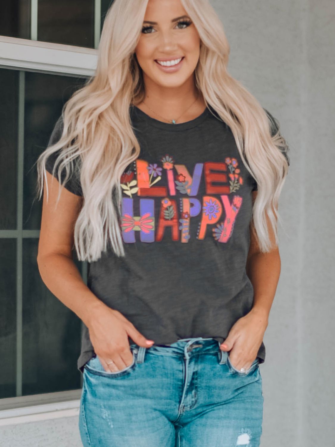 LIVE HAPPY Floral Graphic Tee-Jewearrings