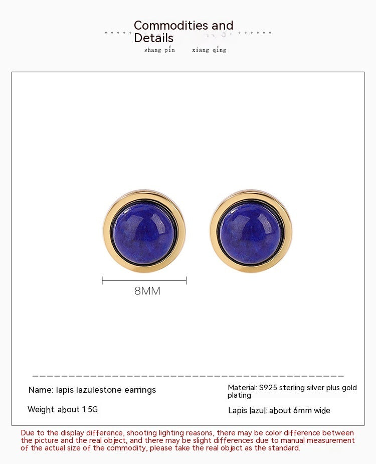 S925 Sterling Silver Gold-plated Lapis Ball Stud Earrings-Jewearrings