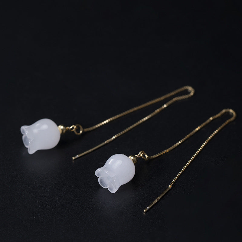 White Jade Wind Chimes Silver Earrings Retro Ethnic Style Earrings Simple Lady-Jewearrings