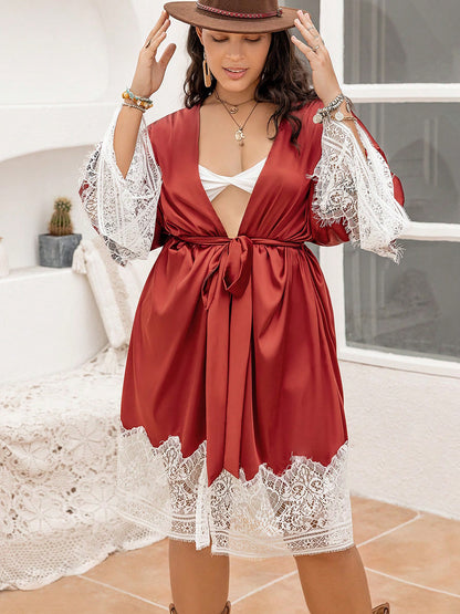 Plus Size Lace Patchwork Tie Front Robe-Jewearrings