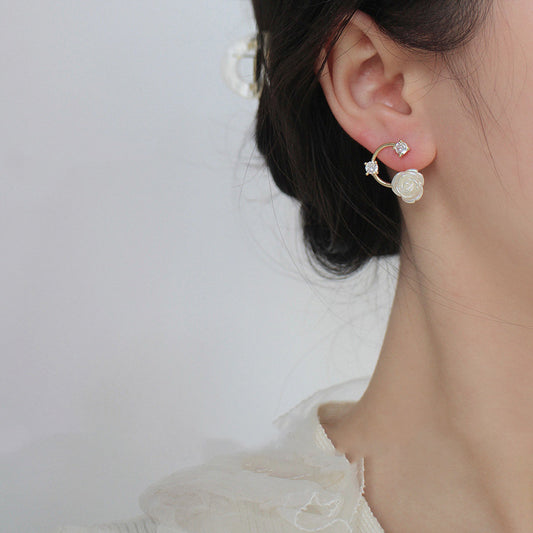 White Rose Rhinestone Silver Stud Earrings Simple French-Jewearrings