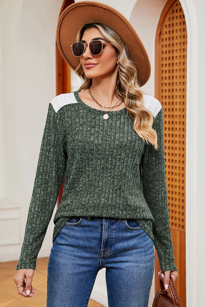 Eyelet Ribbed Round Neck Long Sleeve T-Shirt-Jewearrings