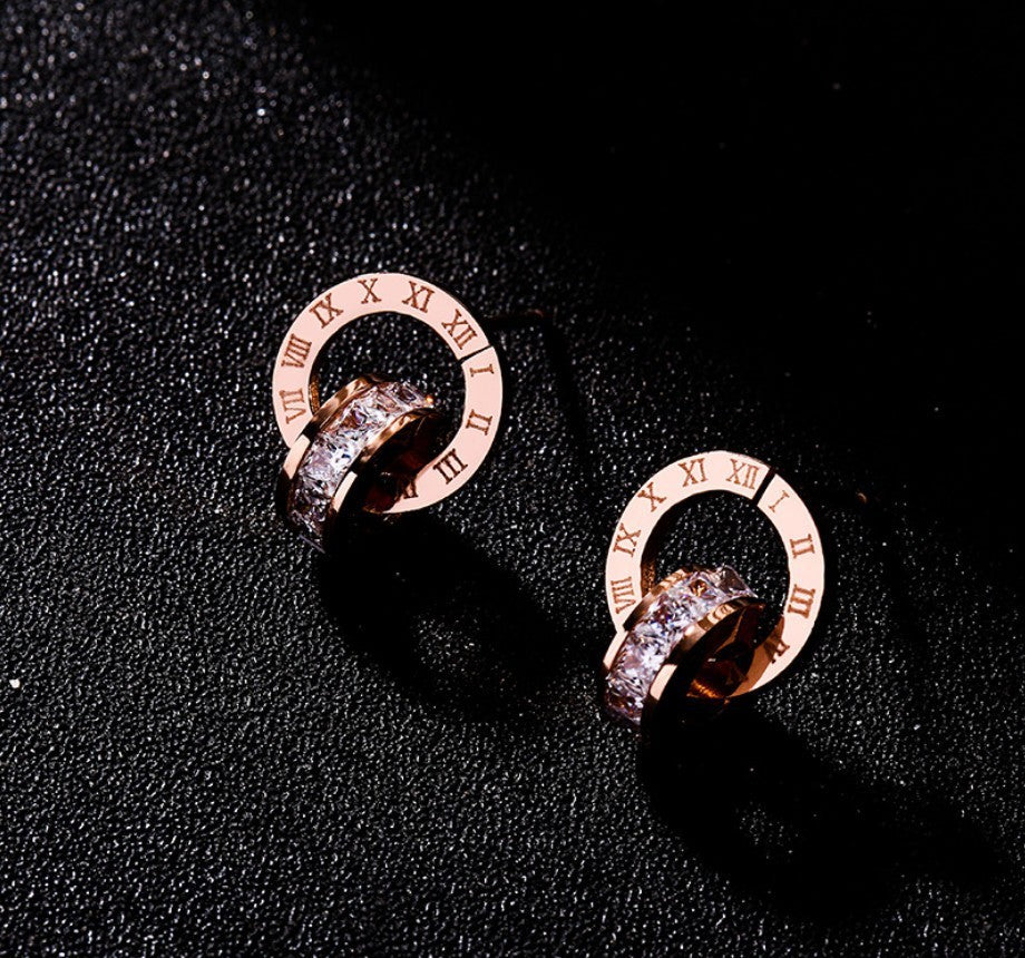 Stainless Steel Rose Gold Double Ring Stud Earrings-Jewearrings