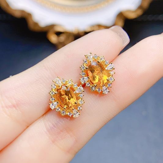 Natural Citrine Stud Earrings S925 Silver Inlaid Main Stone 57-Jewearrings