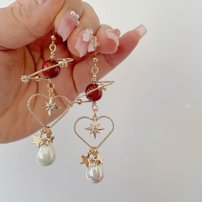 Red Planet Star Earrings Personality Love Pearl Ear Clips-Jewearrings