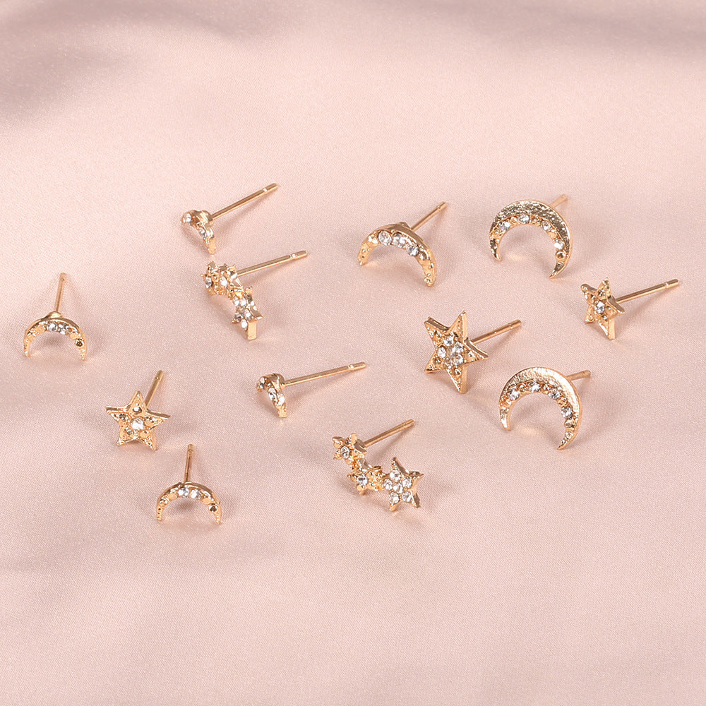 Stars And Moon With Diamonds 6 Pairs Of Stud Earrings-Jewearrings