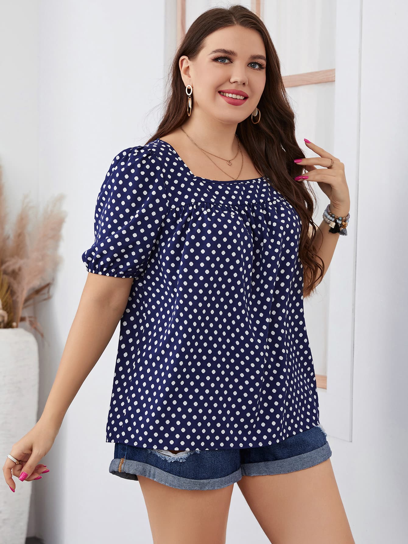 Plus Size Polka Dot Square Neck Blouse-Jewearrings