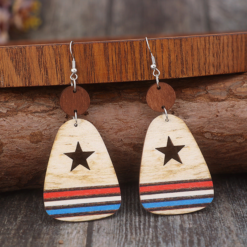 Cutout Star & Stripes Wooden Dangle Earrings-Jewearrings