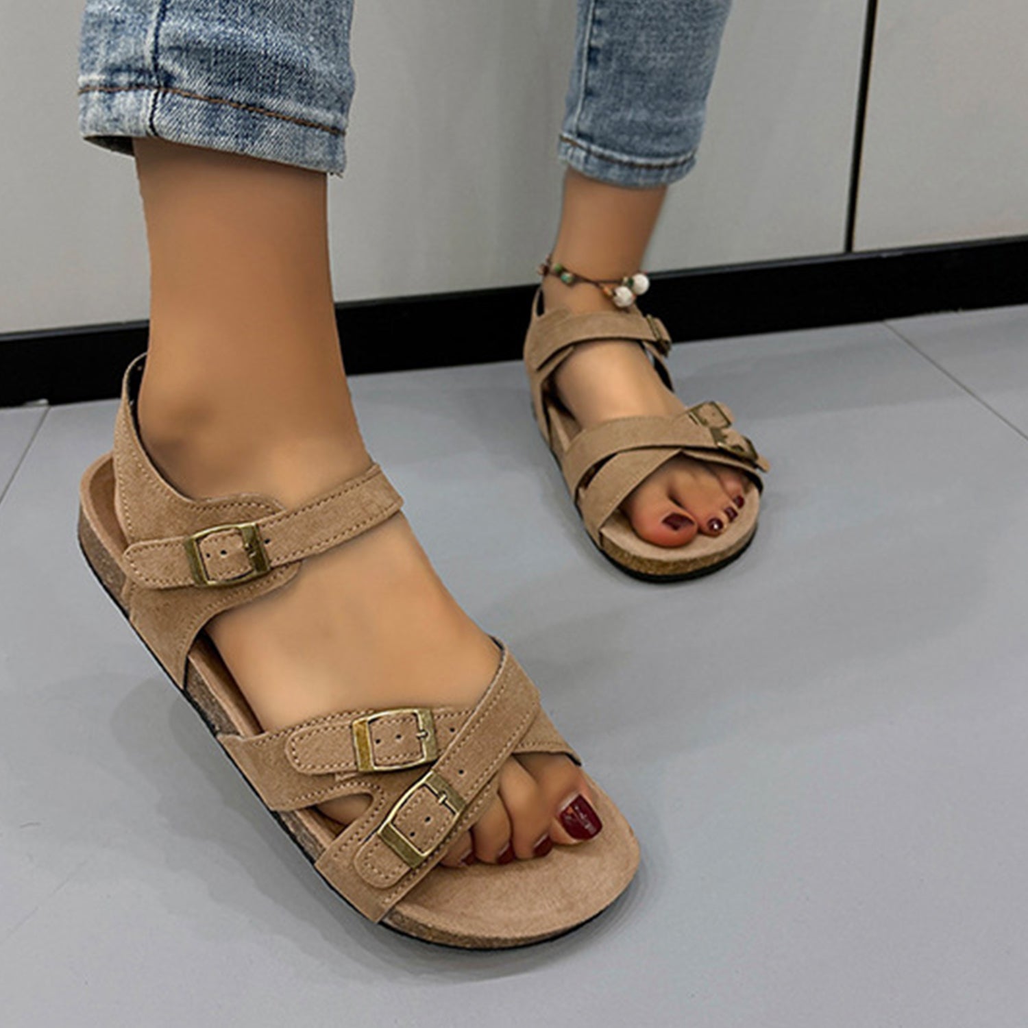 Open Toe Flat Buckle Sandals-Jewearrings