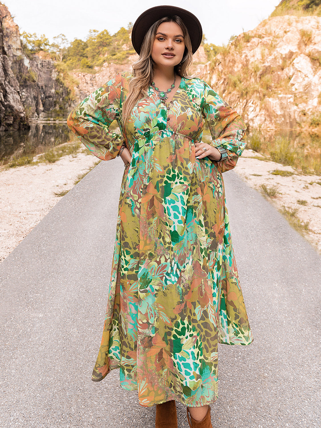 Plus Size Floral V-Neck Long Sleeve Dress-Jewearrings