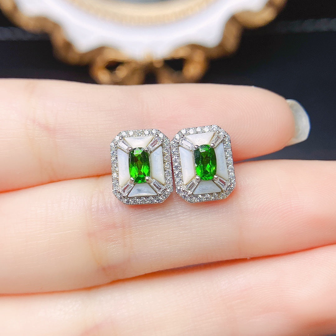 Natural Diopside Stud Earrings S925 Silver Inlaid Main Stone-Jewearrings