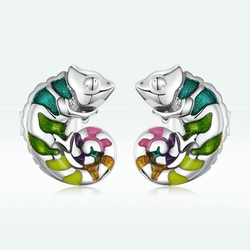 Sterling Silver S925 Chameleon Stud Colorful Drop Oil Plated Platinum Small Animal Fashion Earrings-Jewearrings