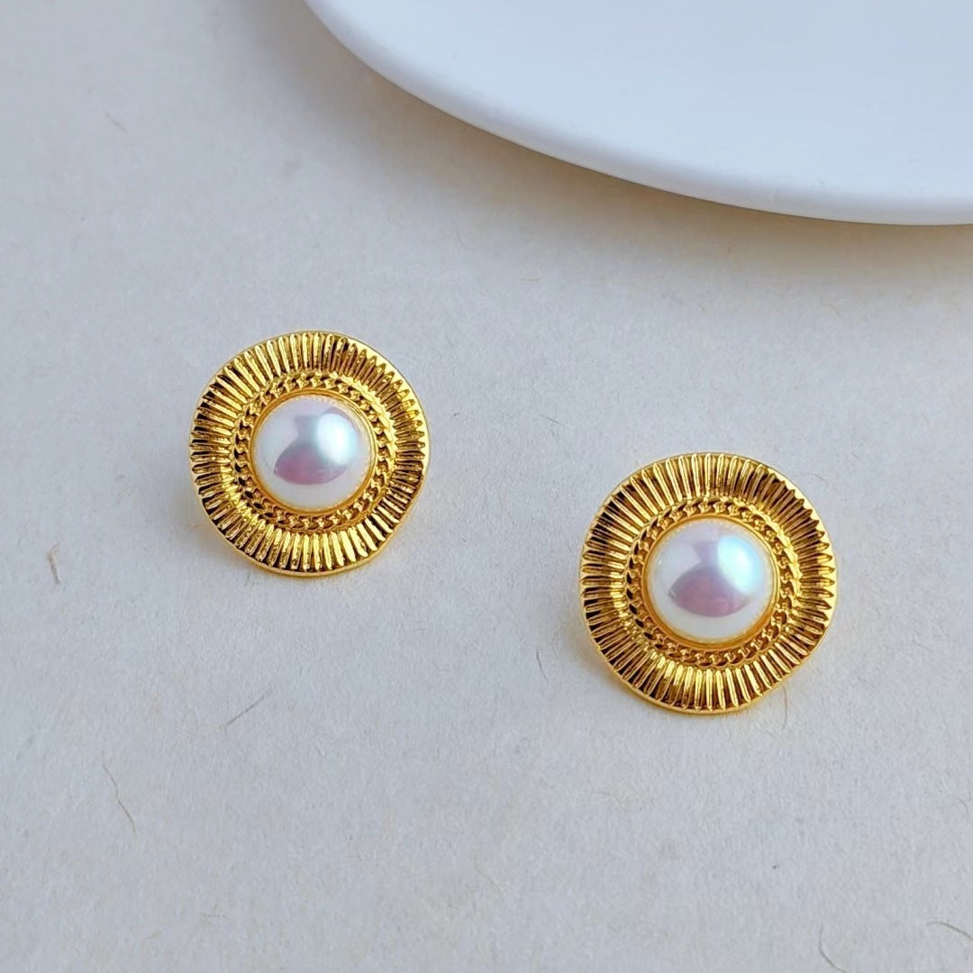 Retro Semicircle Pearl Stud Silver Needle Exaggerated Earrings-Jewearrings