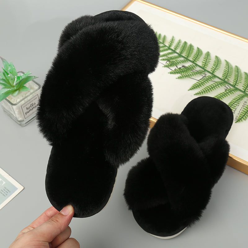 Faux Fur Crisscross Strap Slippers-Jewearrings